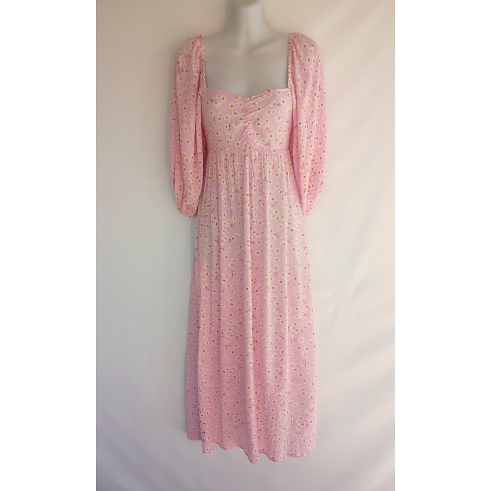 BillaBong Swept Away Midi Dress Pink Floral Puff Sleeve Smocked Cottagecore M - Picture 13 of 16